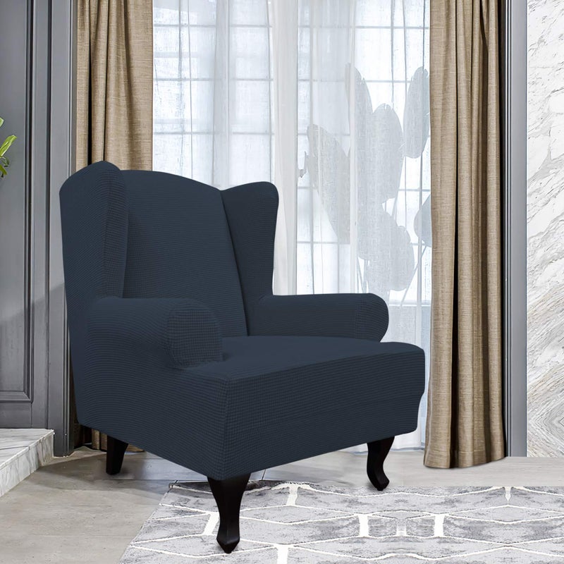 Easy-Going Stretch Wingback Chair Sofa Slipcover 1-Piece Sofa Cover Furniture Protector Couch Soft with Elastic Bottom, Spandex Jacquard Fabric Small Checks(Large,Dark Blue) - Image 2